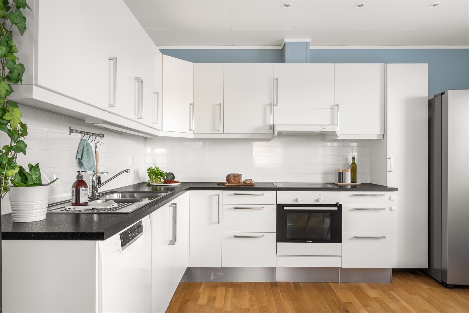 Det er montert oppvaskmaskin samt integrerte hvitevarer som stekeovn og induksjonstopp. Galleribilde