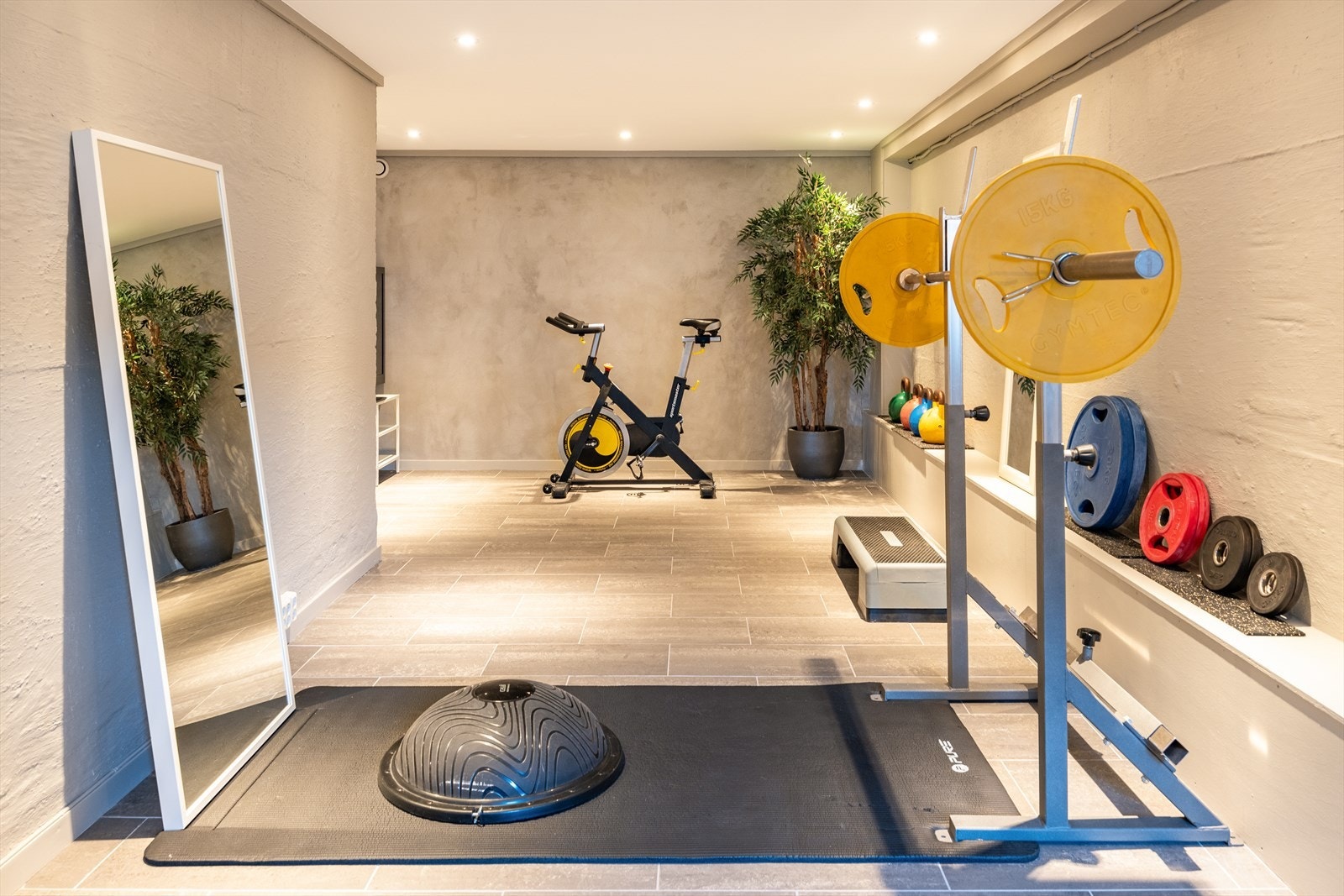 Rommet byr på downlights og behagelig gulvvarme. Treningsutstyret kan medfølge handelen, etter avtale. Galleribilde