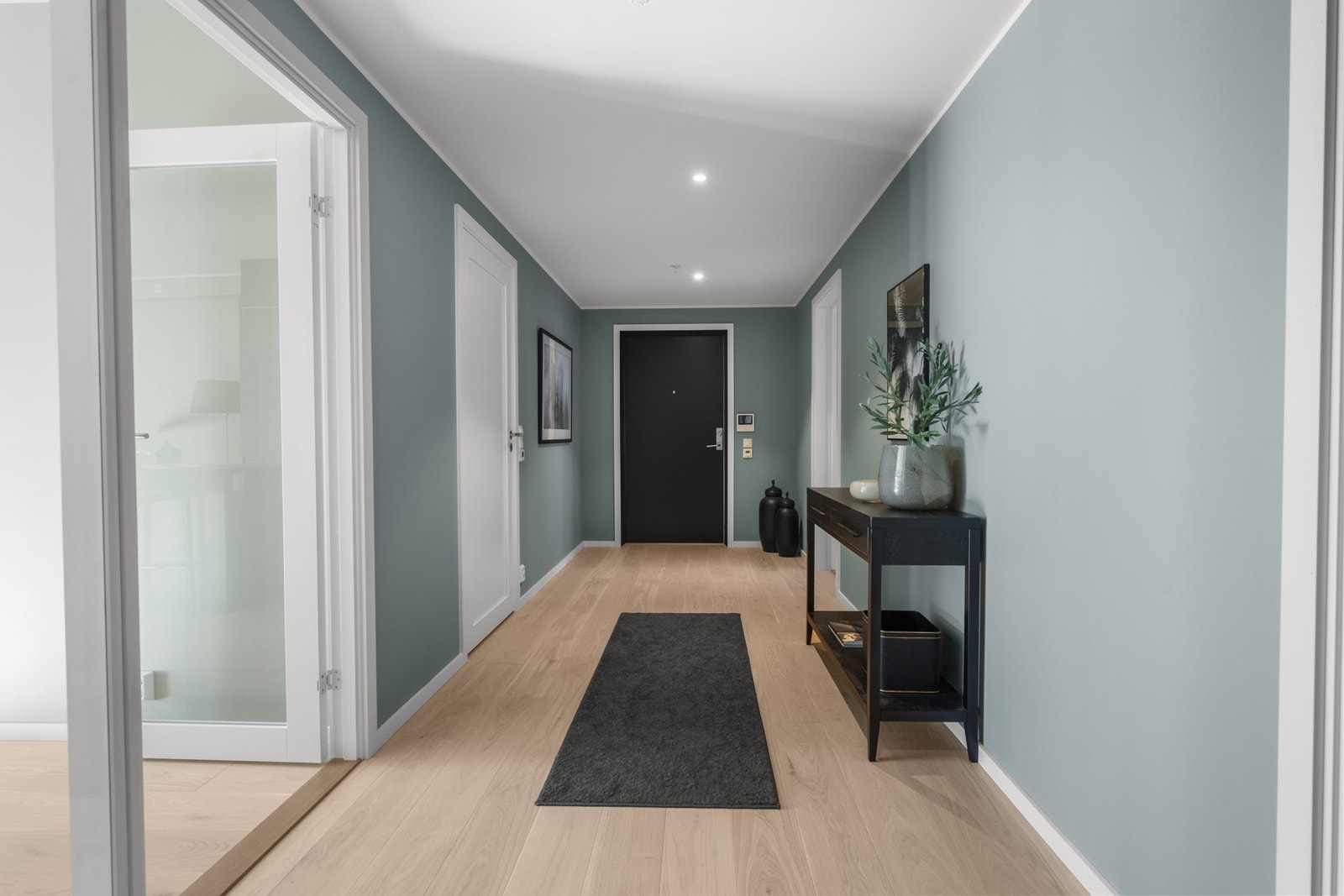 Det første som møter oss i leiligheten er en romslig entré malt i en fresh grønnfarge. Glassdør inn til stuen sikrer lysinnslipp. Galleribilde