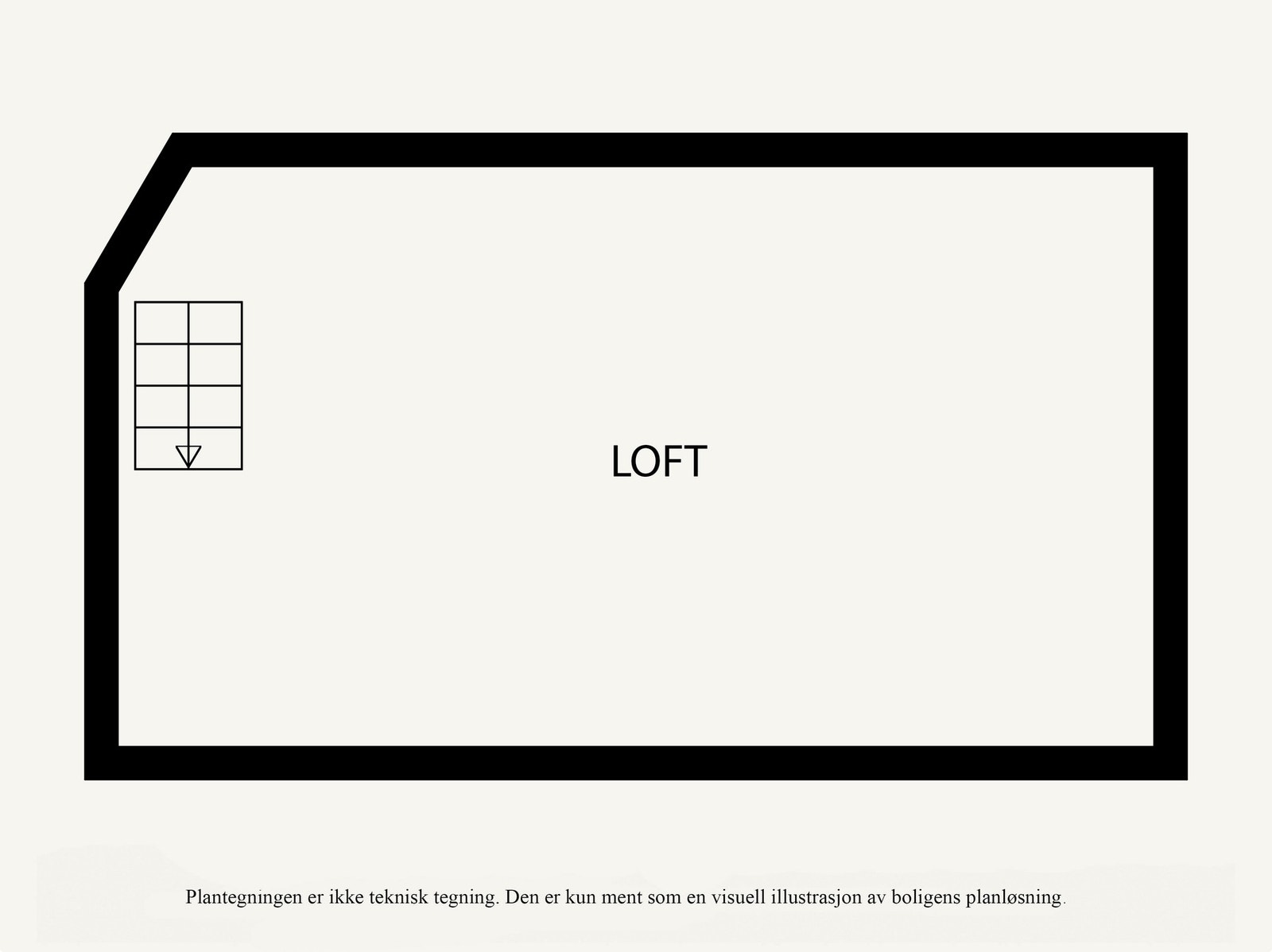Plantegning loft. Ikke-måleverdig areal på 14 kvm grunnet takhøyde. Galleribilde