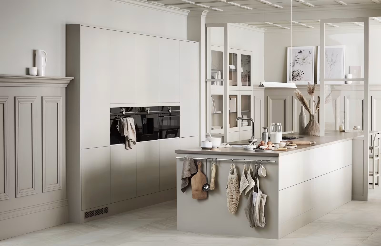 Kjøkken fra Studio Sigdal. Line, Korn m/integrerte hvitevarer fra Siemens. Benkeplate i stein. Se prospekt for beskrivelse. Galleribilde