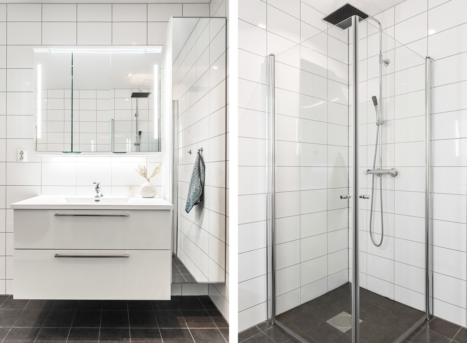 Badet er innredet med dusj, vegghengt toalett, baderomsinnredning, speilskap med lys og opplegg for vaskemaskin. Galleribilde