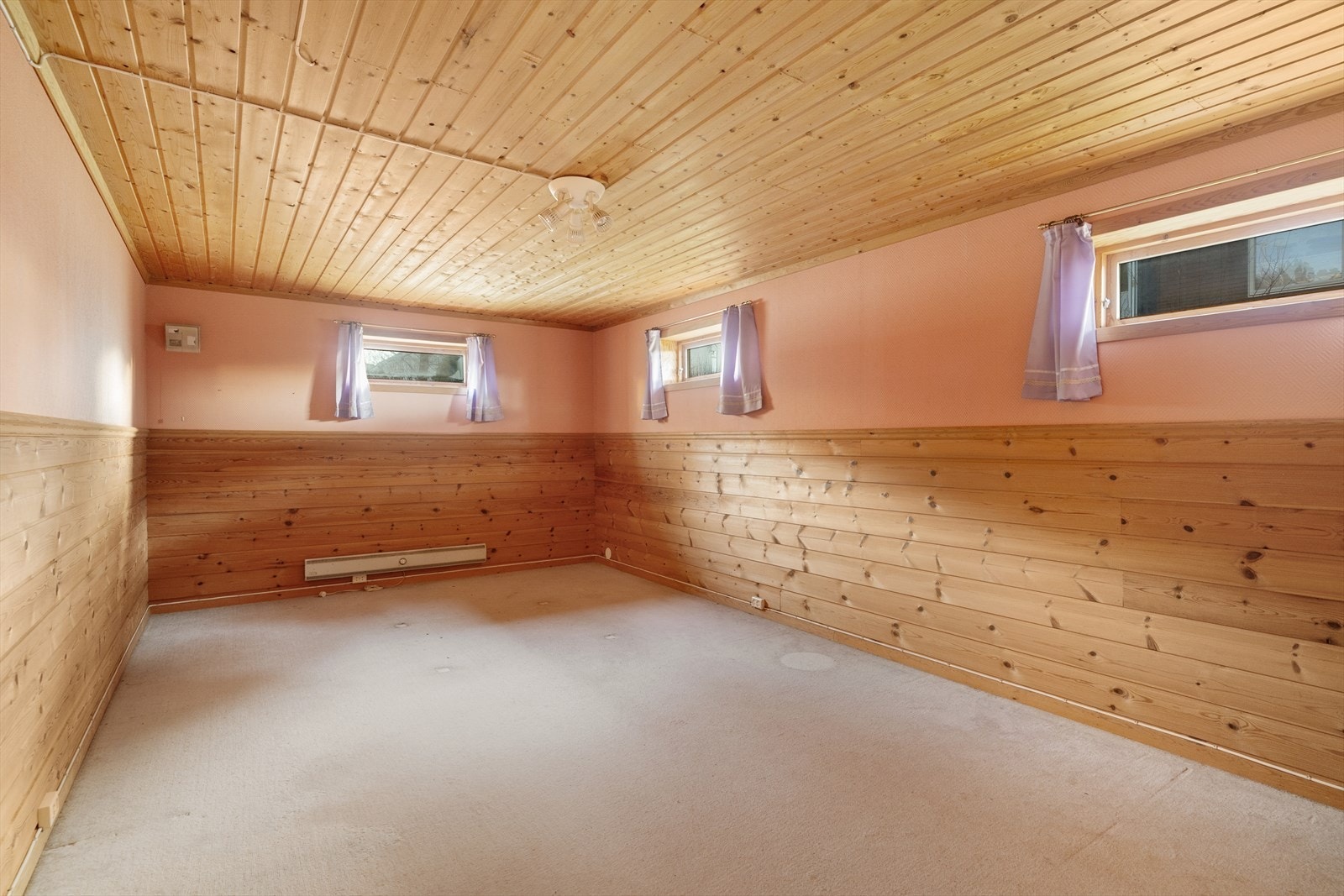 Den innholdsrike boligen har også et innredet rom i kjelleren med flere bruksmuligheter. Her er det teppe på gulvet og liggende brystning på veggoverflatene. Galleribilde