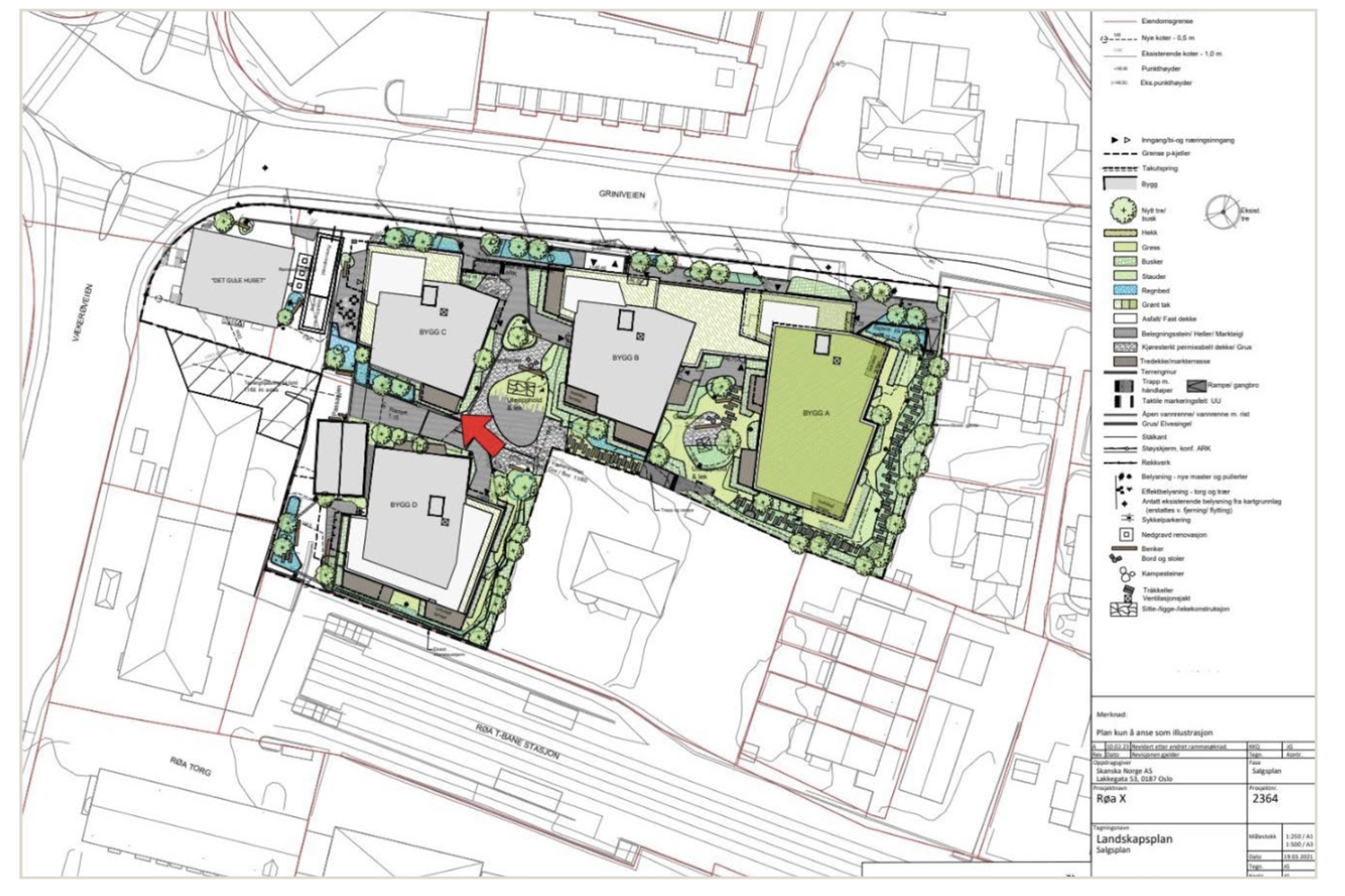 Utomhusplan. Leilighetens beliggenhet er markert med pil. Leiligheten befinner seg i 1. etg. Galleribilde