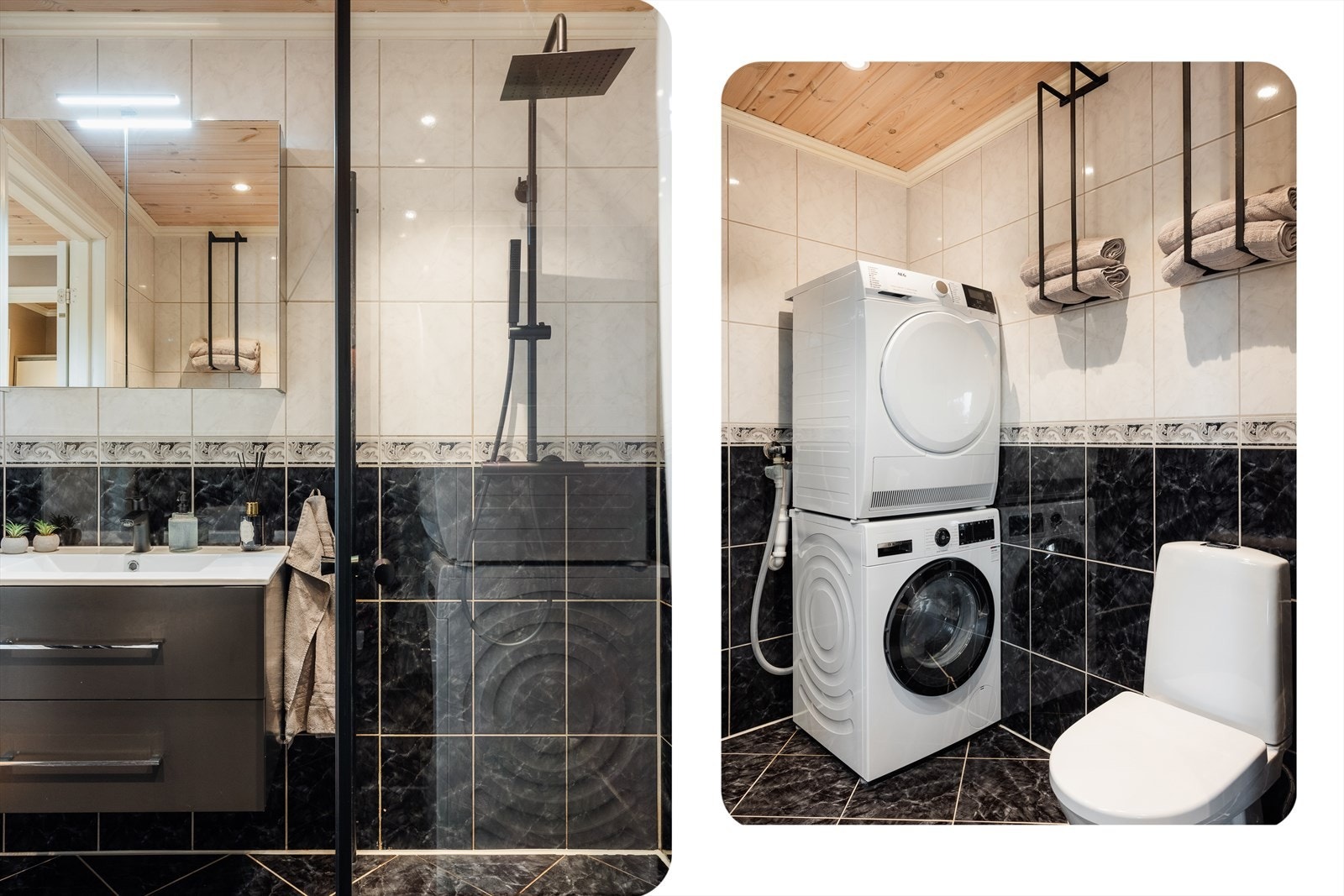 Helfliset bad med plass til vaskemaskin og tørketrommel. Badet har også varmekabler i gulvet som gir ekstra god komfort. Galleribilde