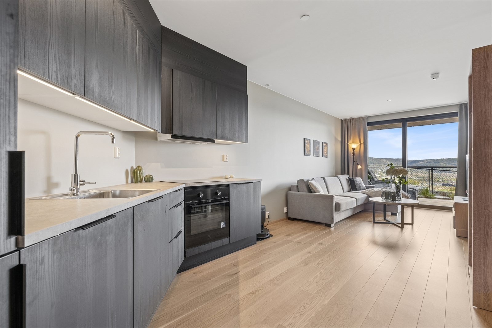 Vi beveger oss videre inn i en lys og innbydende stue/kjøkkenløsning. Galleribilde