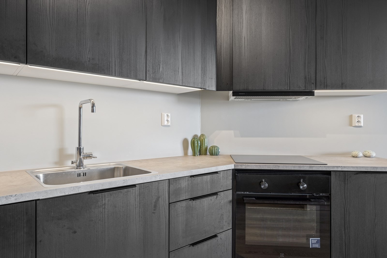 Integrerte hvitevarer som stekeovn, platetopp, oppvaskmaskin og kjøl/frys. Galleribilde