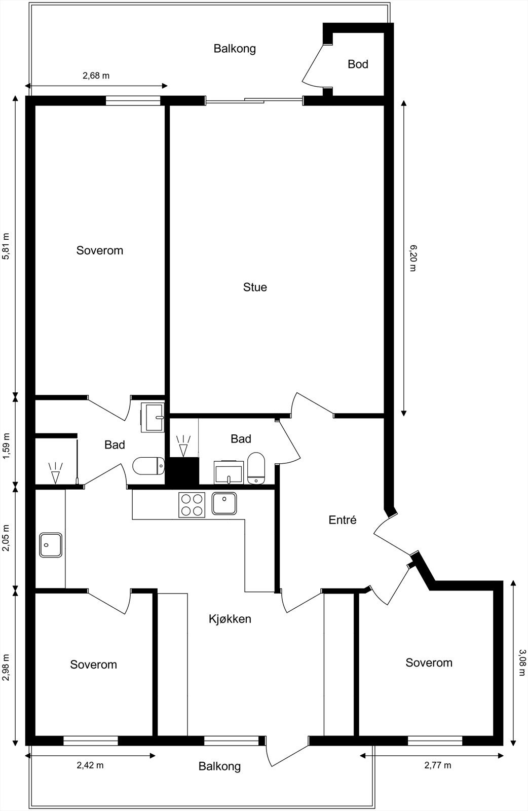 Plantegningen illustrerer en arealeffektiv planløsning på 98 m² med tre soverom, to bad og to balkonger. Galleribilde