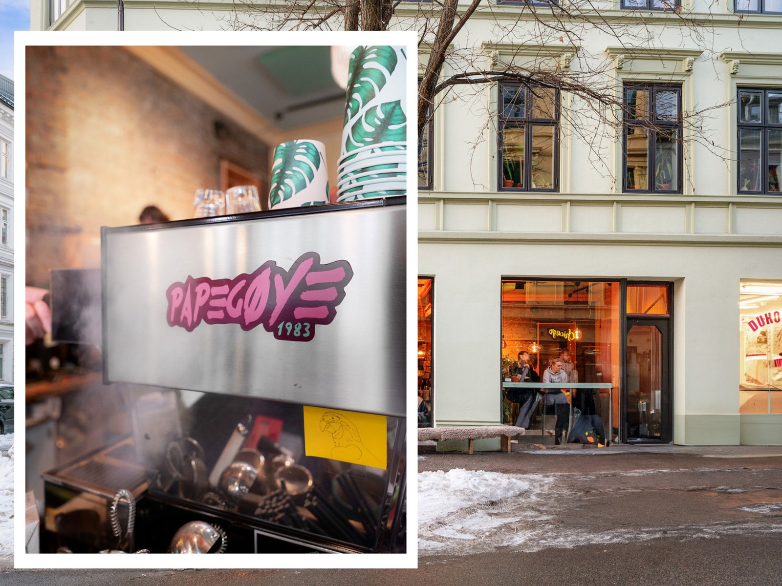 Papegøye kaffe og vinbar ligger rett nedi gata. Her ble det nylig pusset opp og utvidet i desember 2025. Galleribilde