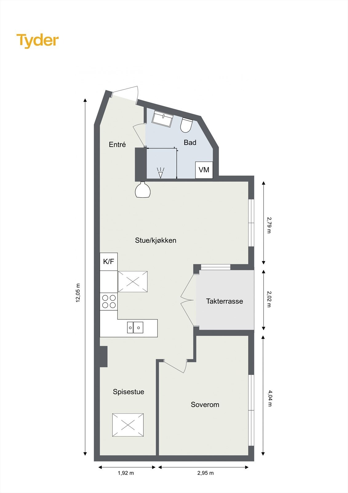 Plantegning som inneholder: Entré, stue/kjøkken/spisestue, soverom og bad. Galleribilde