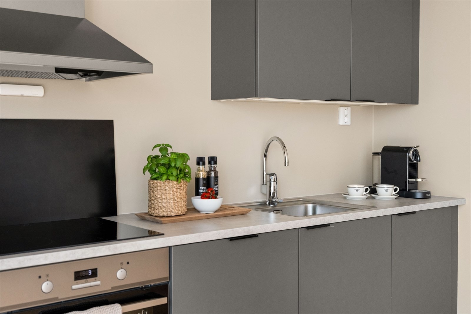 Hvitevarer som kombi kjøl/fryseskap, induksjonstopp, komfyr og oppvaskmaskin er integrert i innredningen. Galleribilde