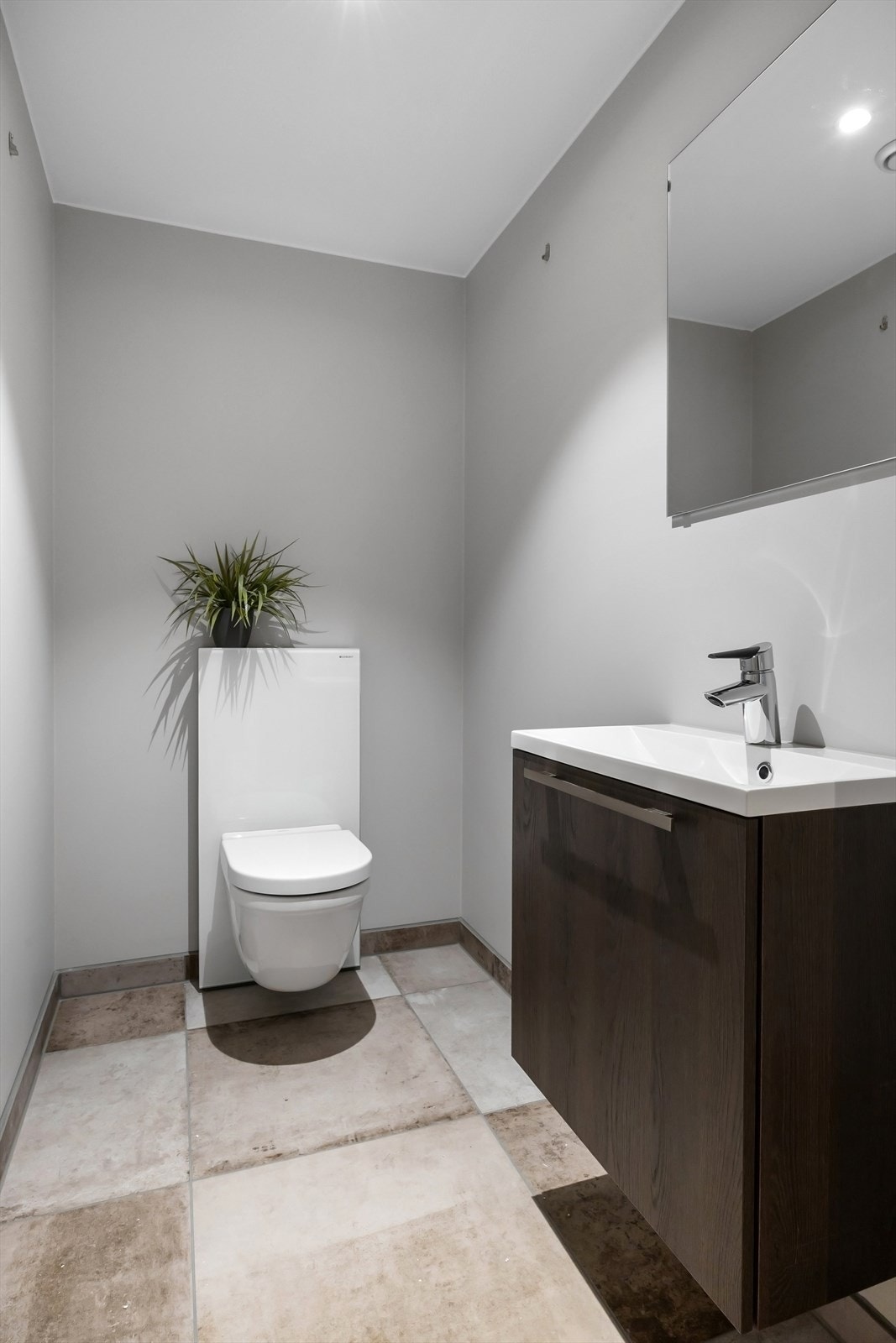 Separat toalettrom med toalett og servant med innredning. Galleribilde