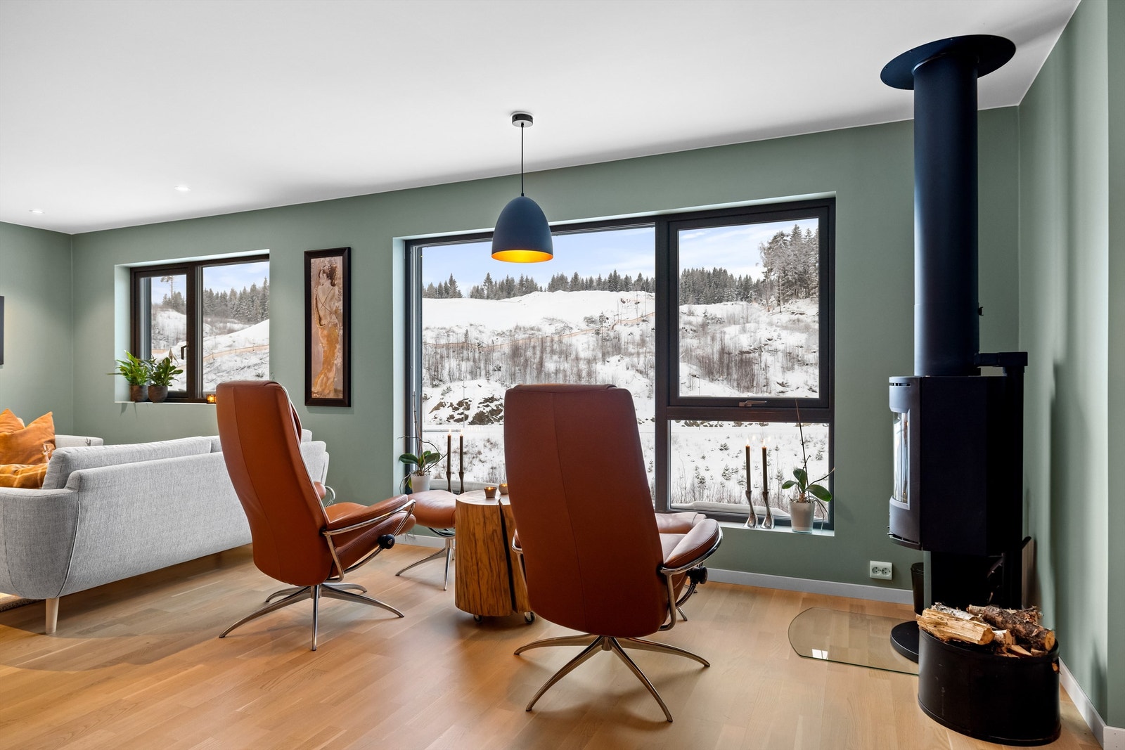 Her man kan trekke seg tilbake etter en lang dag - Vedfyring og utsikt mot marka Galleribilde