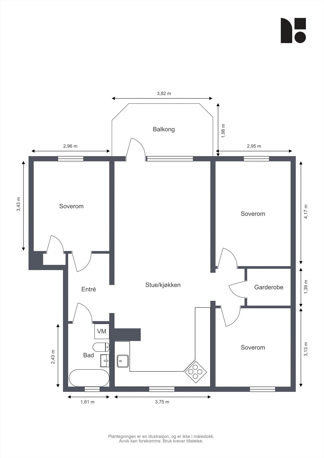 Plantegningen viser en arealeffektiv leilighet med åpen stue- og kjøkkenløsning, tre soverom og bad. Galleribilde
