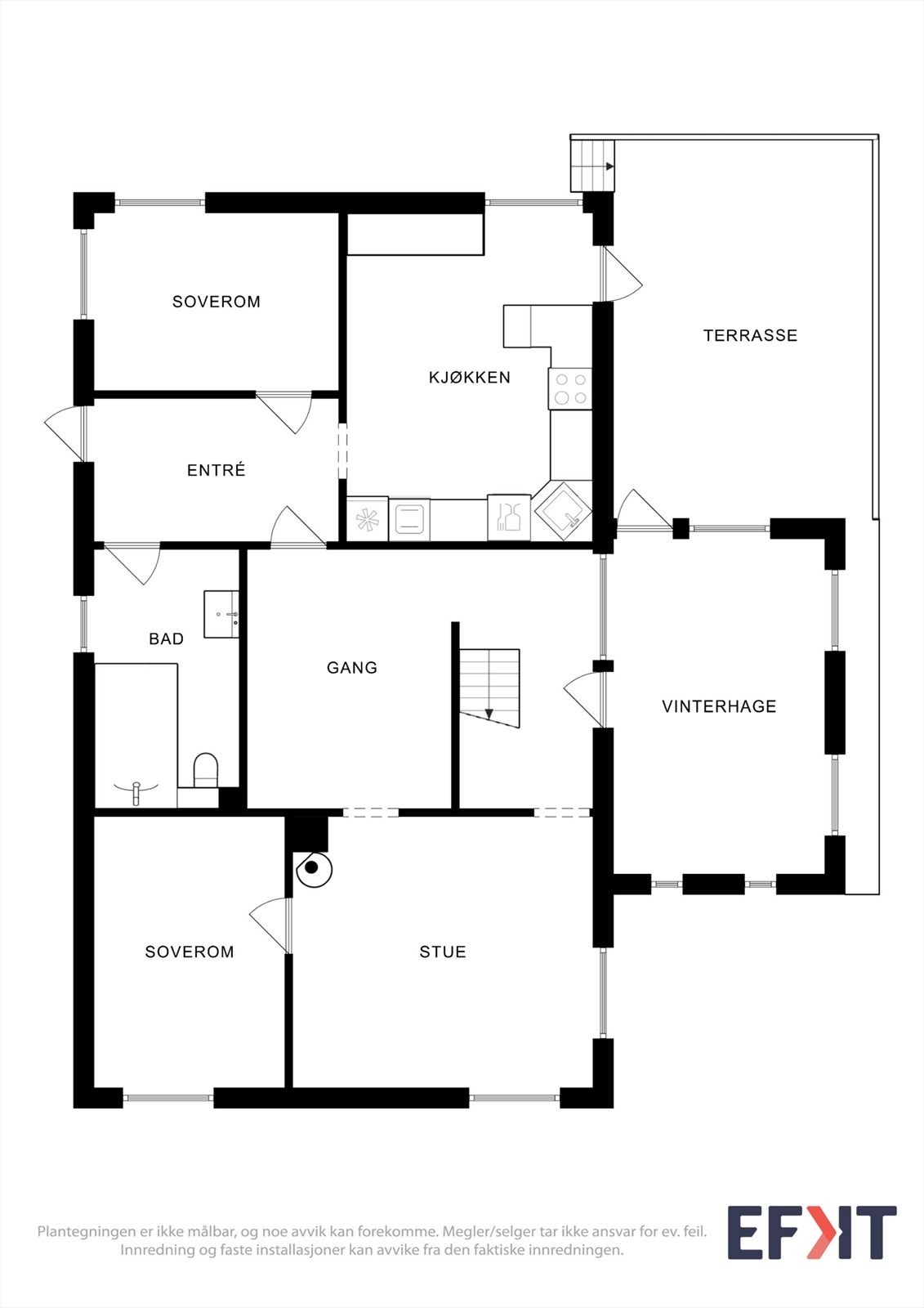 Plantegningen for første etasje viser blant annet stue, kjøkken, bad og to soverom. Galleribilde