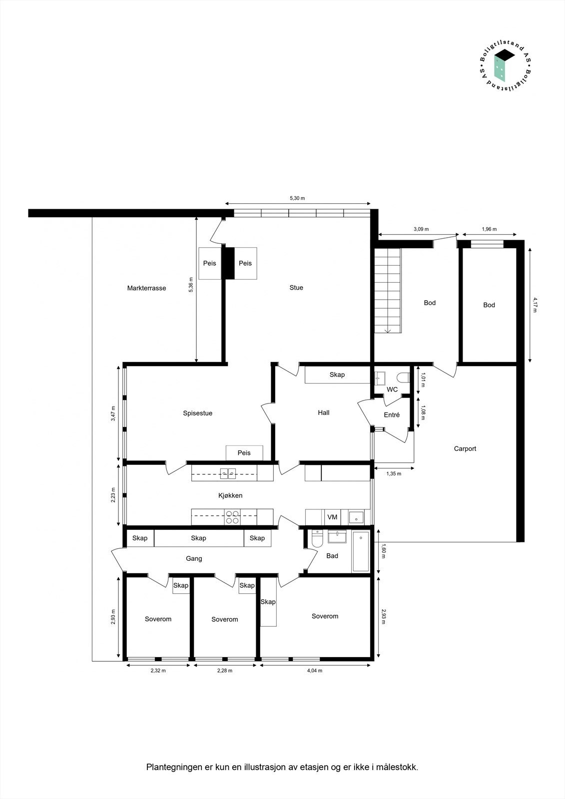 Plantegningen viser en arealeffektiv bolig på 177 m² BRA med alt på ett plan. Galleribilde