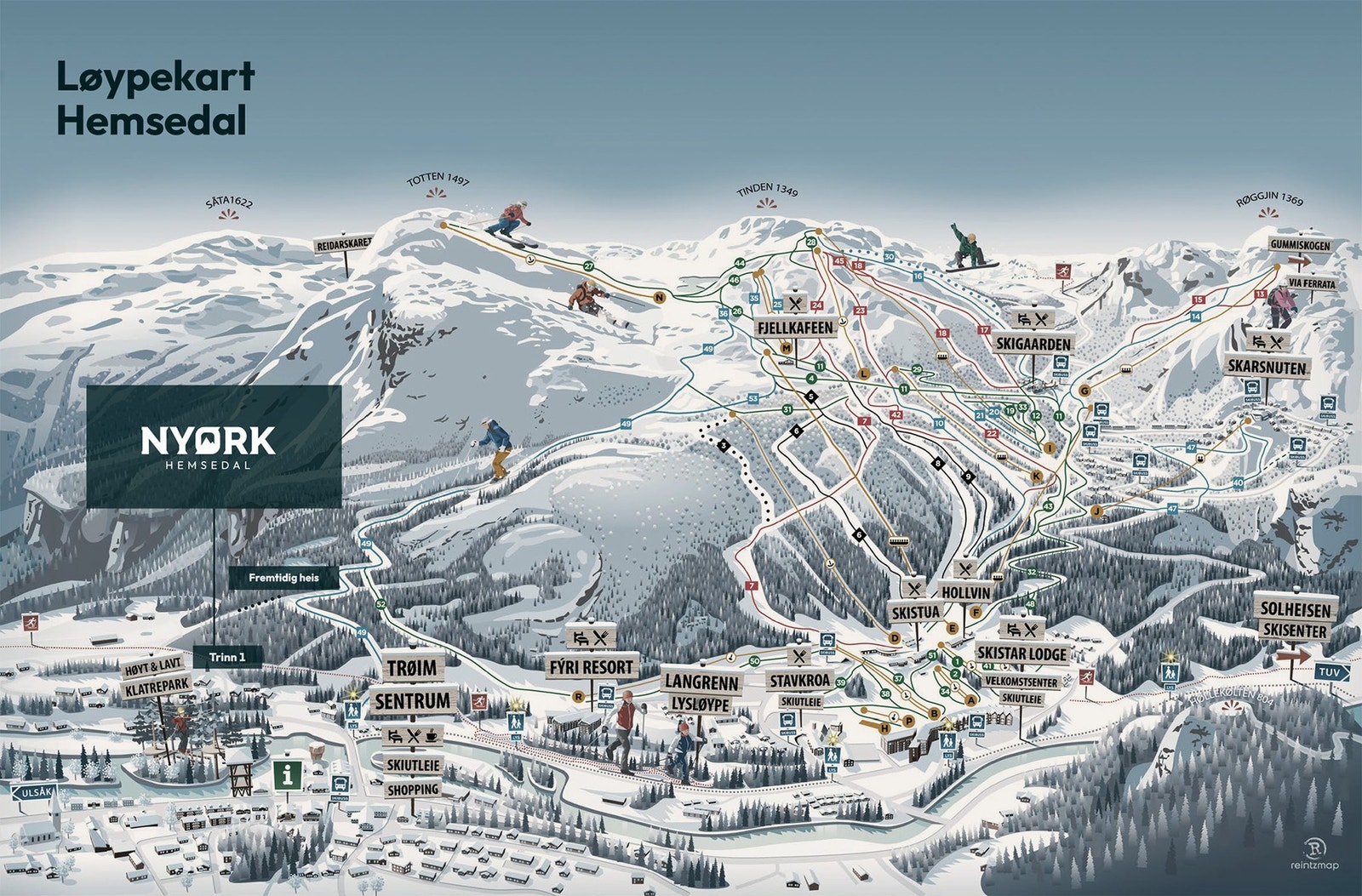 Løype 49 (Sentrumsløypa) i Hemsedal Skisenter passerer rett ovenfor Nyørk og gir deg enkelt ski inn mulighet tilbake til hytta etter endt skidag. Galleribilde