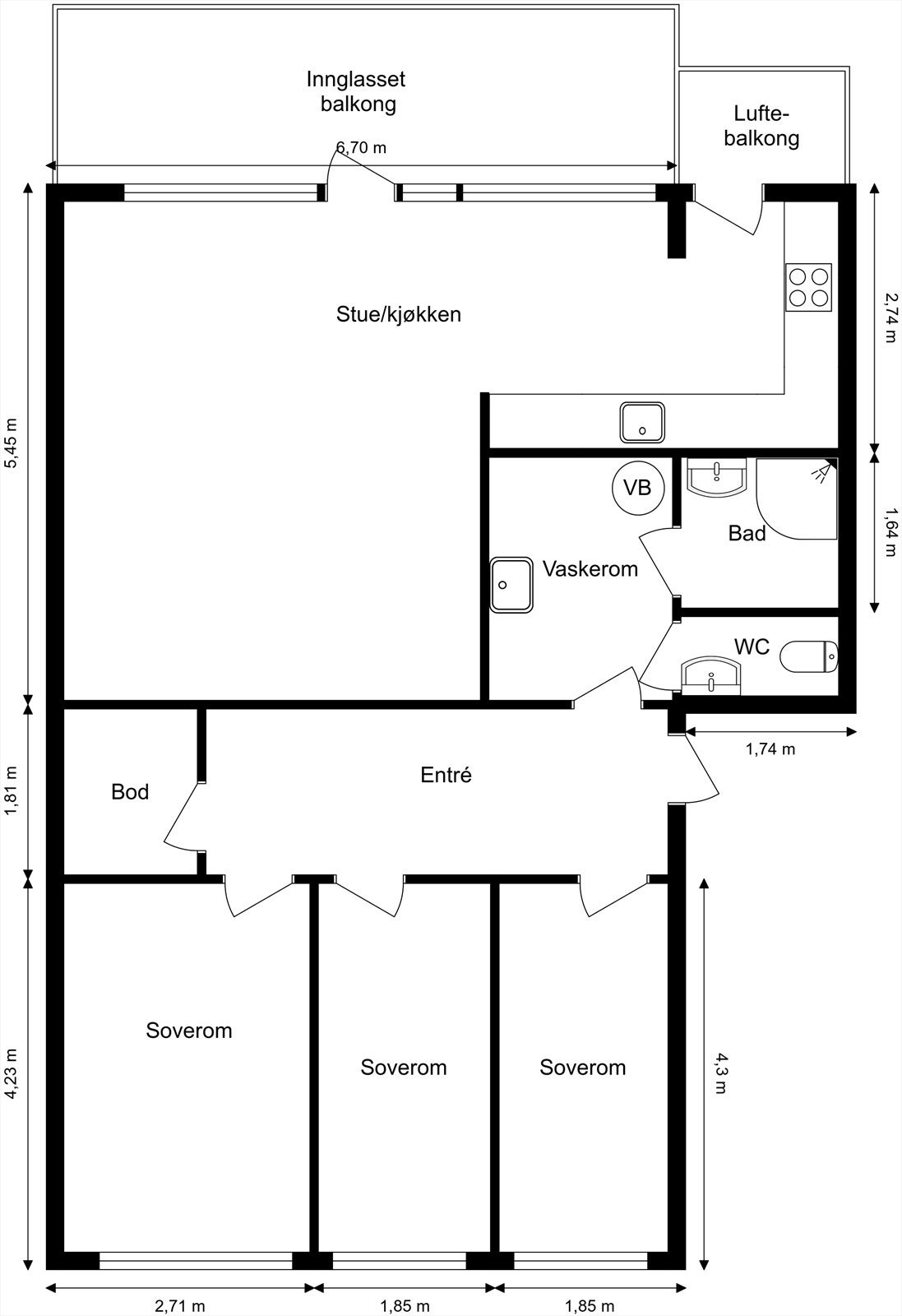 Plantegningen viser en god og arealeffektiv planløsning på 89 m² med tre soverom. Galleribilde
