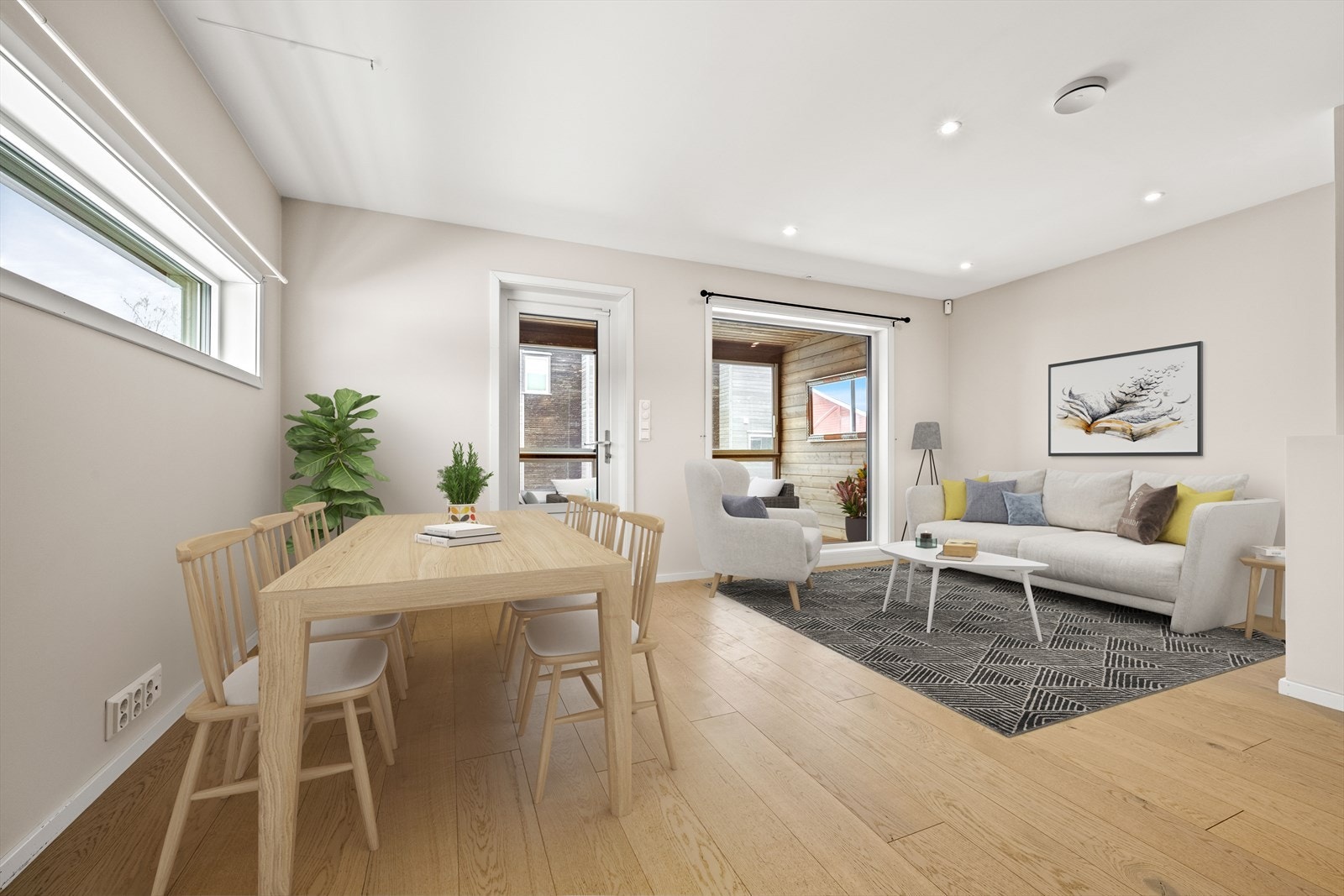 Rommet gir plass til både sofagruppe og spisebord. (Digital styling) Galleribilde