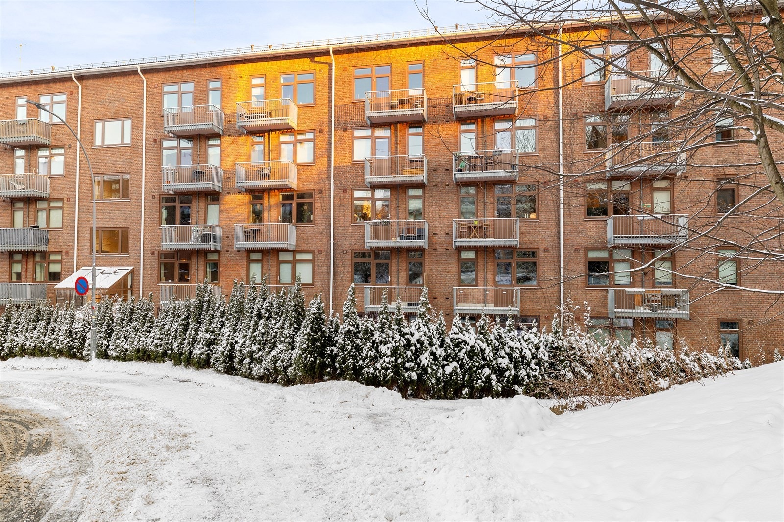 Tomten er pent opparbeidet med gresspen, beplantning og intern stikkvei til inngang Galleribilde