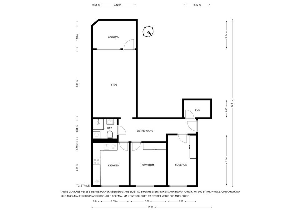 Gjennomgående og romslig planløsning som inneholder entré, kjøkken, stue, 2 soverom, bad, innvendig bod og balkong på 8 m² med gode solforhold. Galleribilde