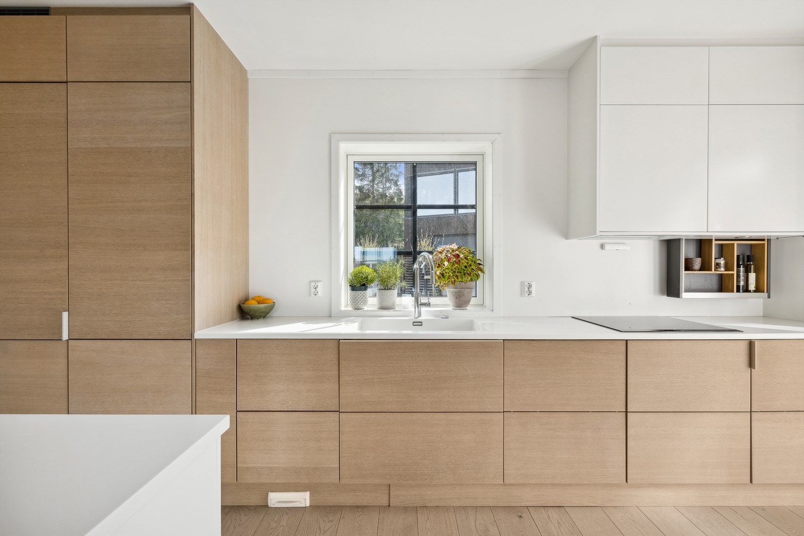 Integrerte hvitevarer som induksjonstopp, oppvaskmaskin, kjøleskap, kaffemaskin, stekeovn og kombiovn. Galleribilde