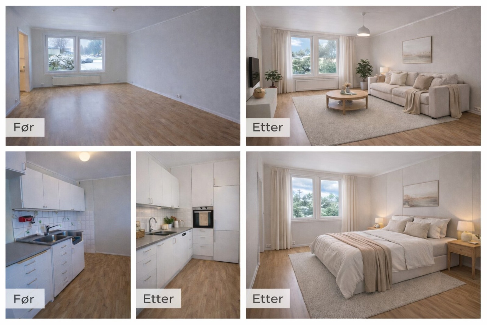 Selgers egne bilder fra en tilsvarende leilighet før og etter oppusning. Galleribilde