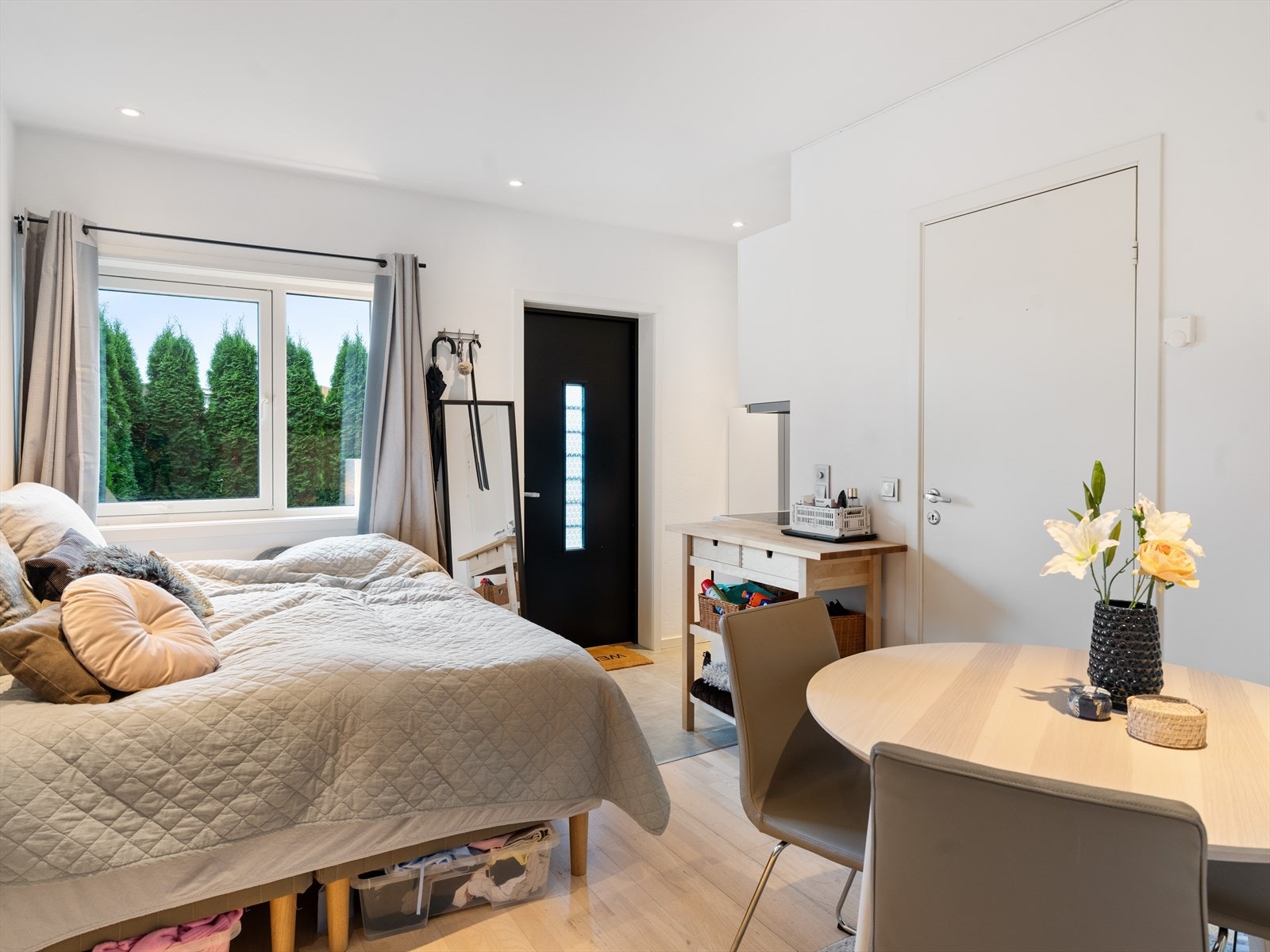 Åpen løsning med stue/kjøkken/soverom i hybel. Galleribilde