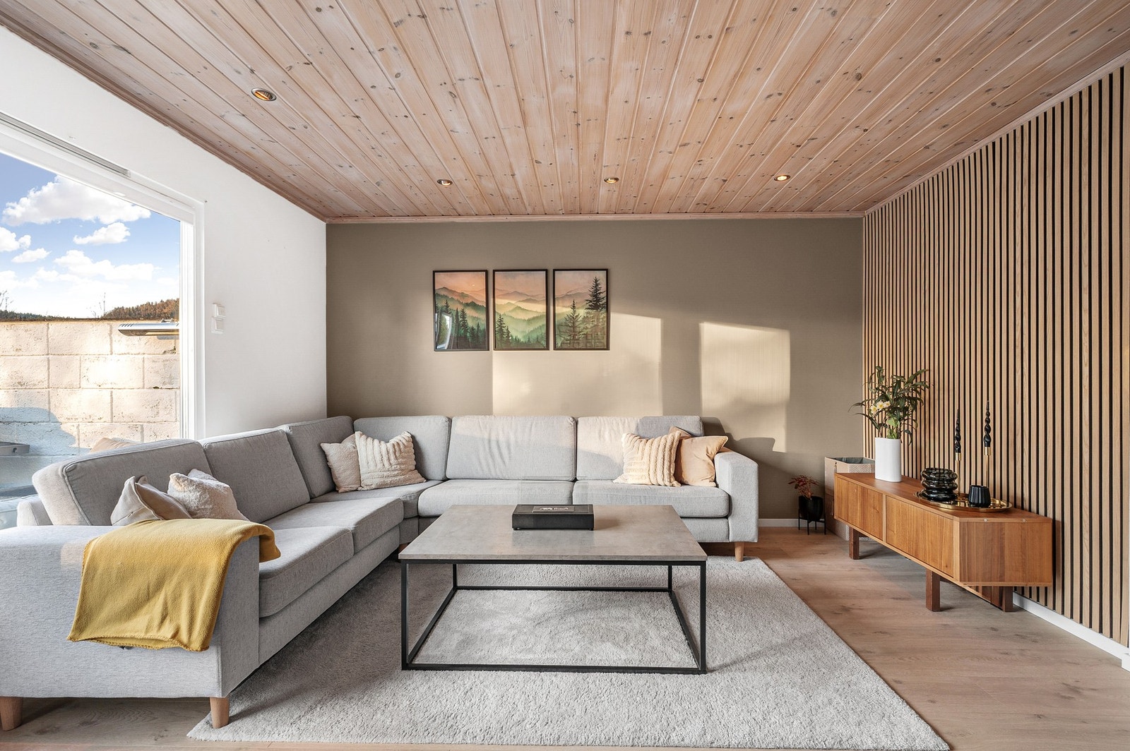 Store vindusflater sørger for rikelig med naturlig lys i stuen. Galleribilde