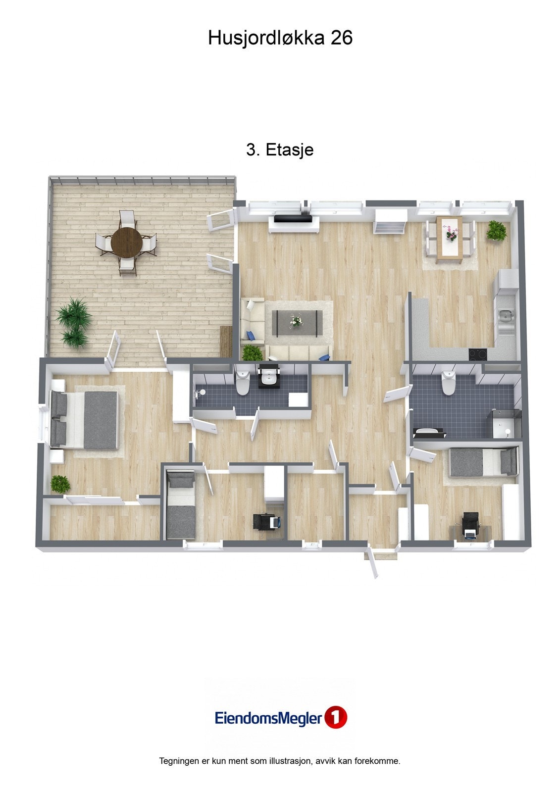 Plantegningen viser en gjennomgående leilighet med tre soverom og to bad. Galleribilde