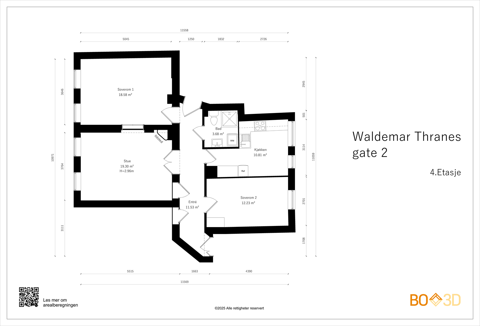Planskisse. Leiligheten ligger i 4 etg.
Leiligheten har to innganger, ett fra hovedtrappeløp og en inngang fra trappeløp 2 der det også er installert en liten heis. Galleribilde