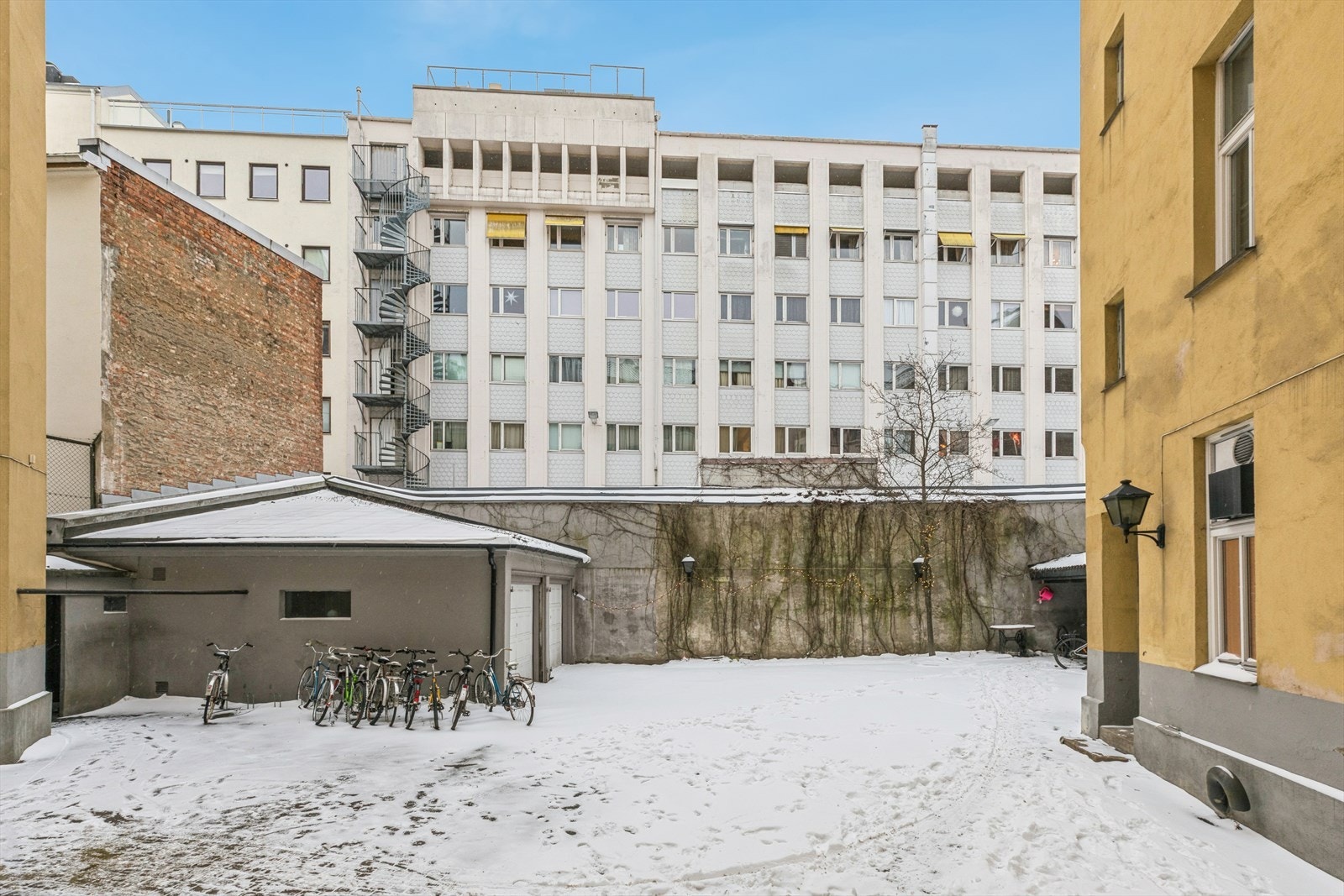 Bakgård med sykkelparkering. Galleribilde