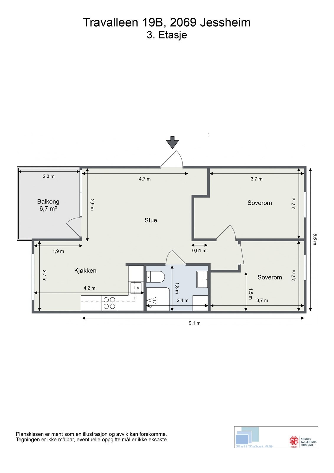 Plantegningen viser en arealeffektiv leilighet med to soverom og god rominndeling. Galleribilde