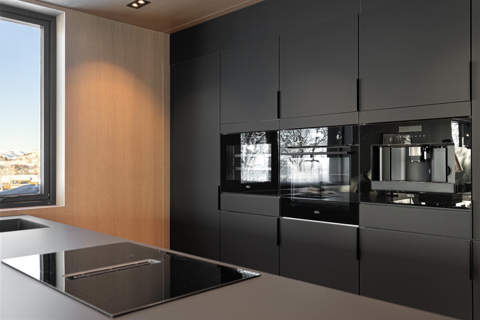 Kjøkkenet har integrerte hvitevarer som induksjon platetopp med nedfelt ventilator, stekeovn i ergonomisk høyde, vinskap, kaffemaskin, oppvaskmaskin og kjøleskap med frysedel Galleribilde