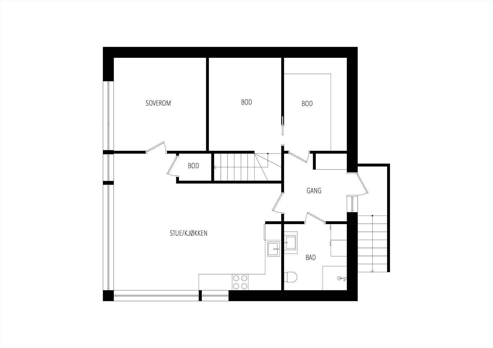 Plantegning underetasje. Dør mellom gang og bod er i dag blokkert slik at utleie er adkskilt fra hoveddel. Kan enkelt åpnes opp. Galleribilde