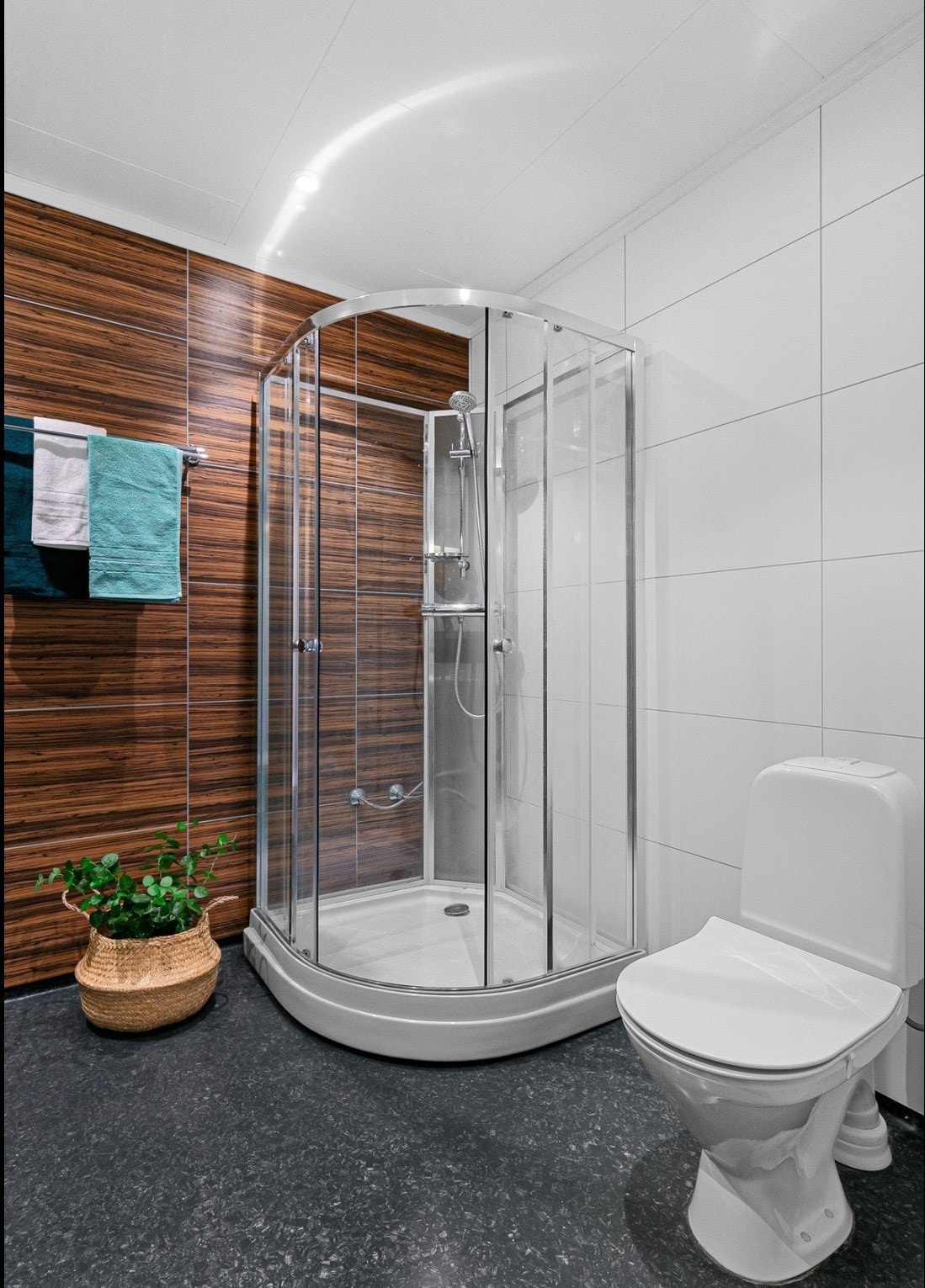 Dusjkabinett i hjørnet og gulvstående toalett. Galleribilde