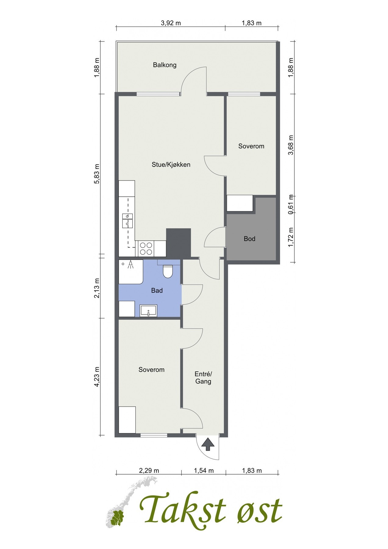 Plantegning. I tillegg disponerer leiligheten en kjellerbod på ca. 5 kvm. Galleribilde