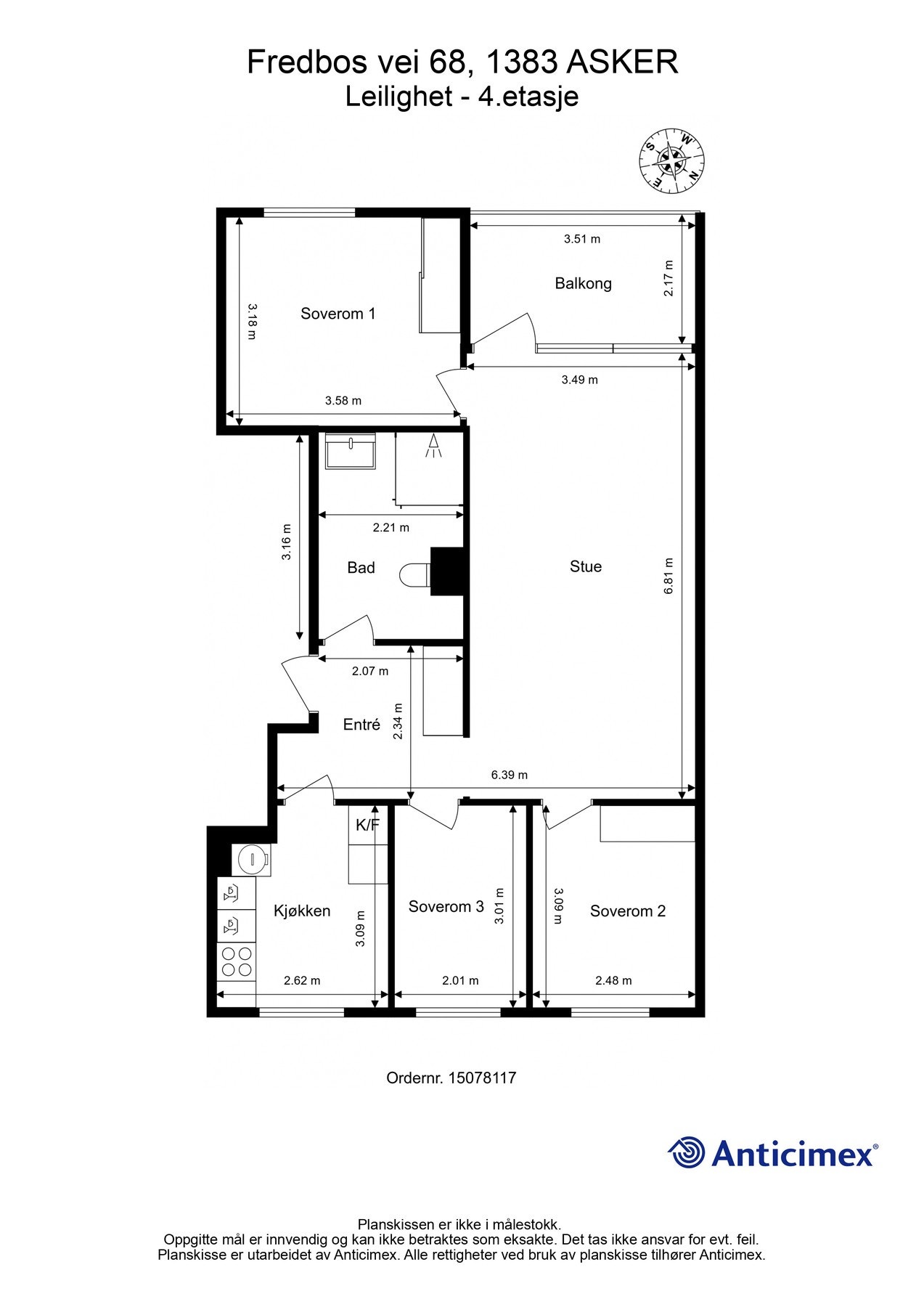Entré, bad, stue, kjøkken og tre soverom Galleribilde
