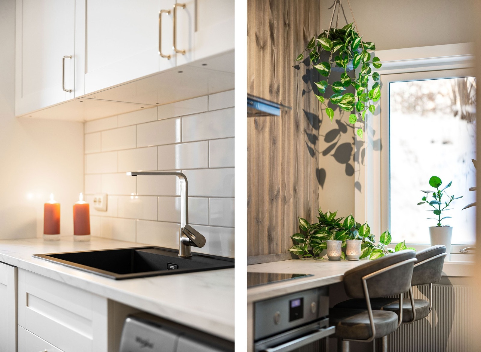 Benkeplaten av laminat har marmormønster. Galleribilde