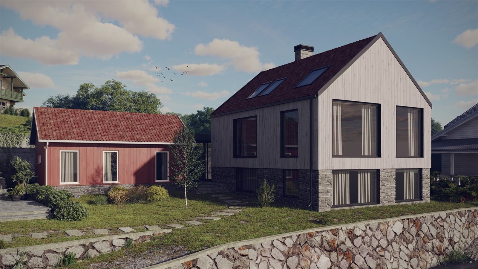 Illustrasjonsbilde fasade i hvitt for tegnet bolig- avvik i materiell og endelig utforming vil kunne forekomme. Godkjent plan er førende/gjeldende. Galleribilde