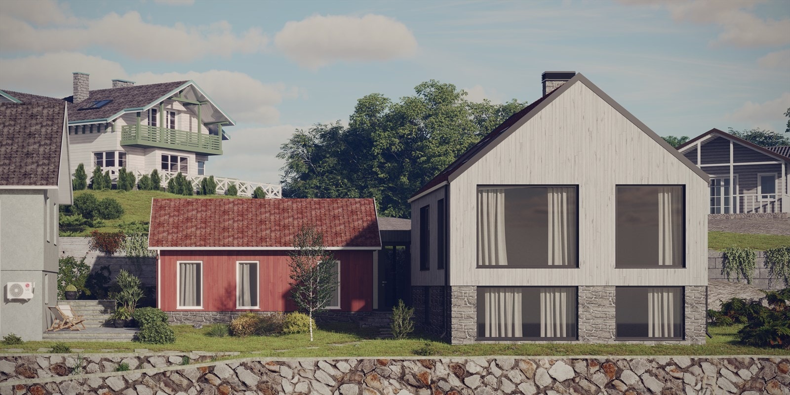 Illustrasjonsbilde fasade i hvitt for tegnet bolig- avvik i materiell og endelig utforming vil kunne forekomme. Godkjent plan er førende/gjeldende. Galleribilde