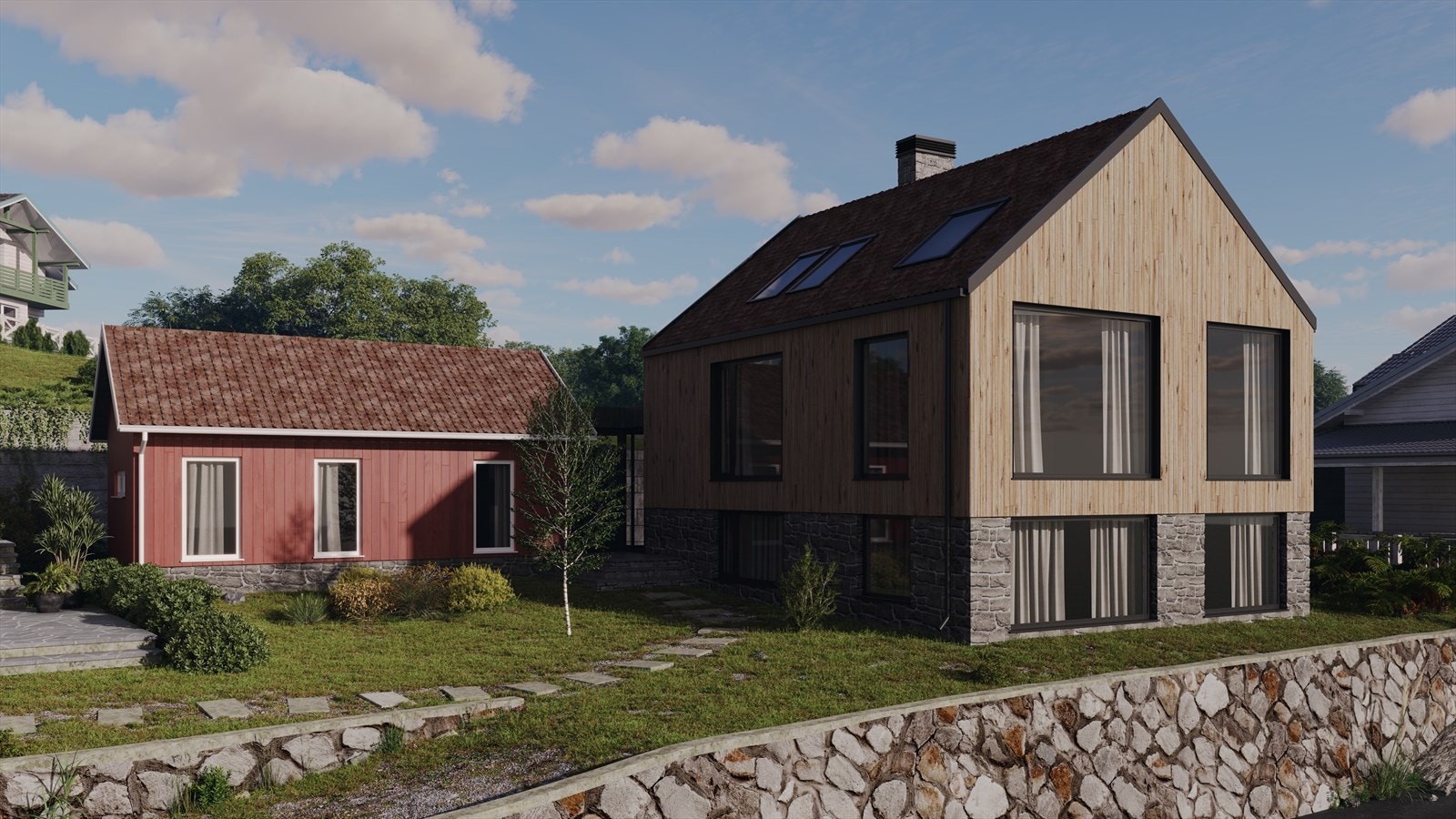 Illustrasjonsbilde fasade i tre for tegnet bolig- avvik i materiell og endelig utforming vil kunne forekomme. Godkjent plan er førende/gjeldende. Galleribilde