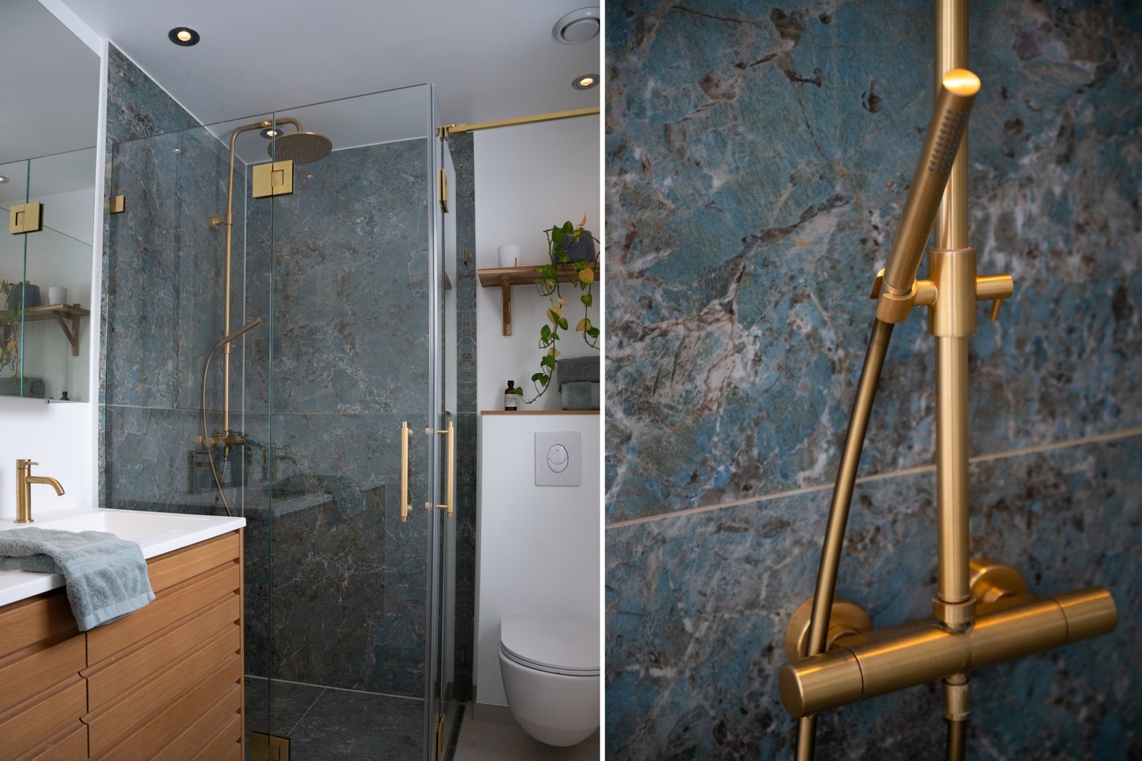 Gjennomførte detaljer med eksklusive fliser, glassvegger og børstede armaturer som gir badet et helhetlig og påkostet uttrykk. Galleribilde