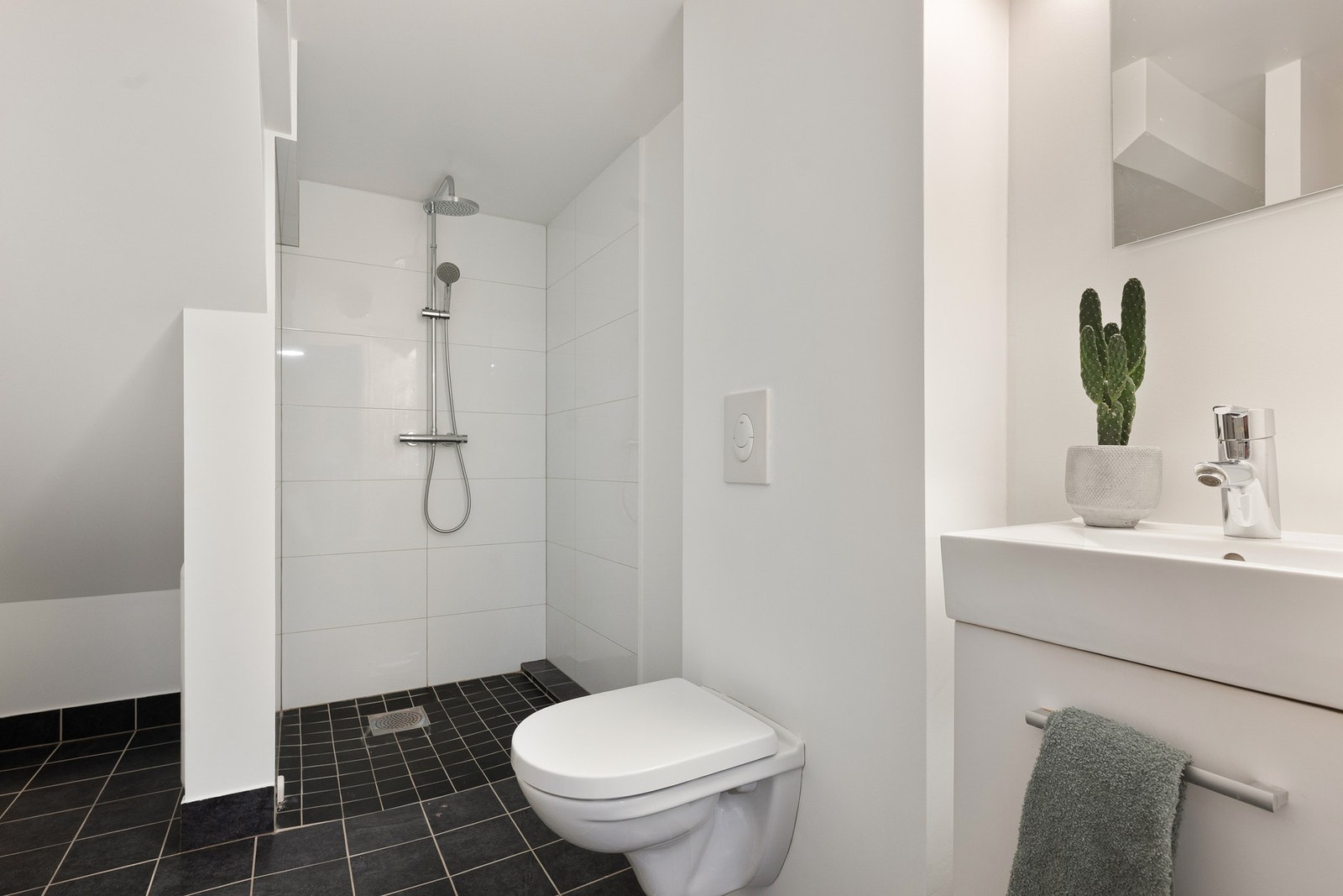 Bad nr. 2 har tilsvarende utførelse med opplegg for vaskemaskin, vegghengt toalett, servantskap og dusjnisje. Galleribilde