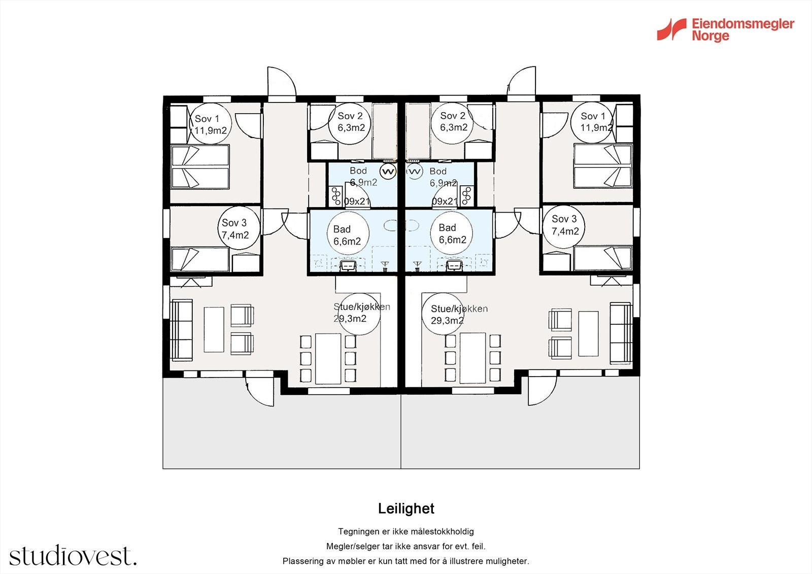 Begge boligene er ledig. Bolig 1 er på venstreside. Galleribilde