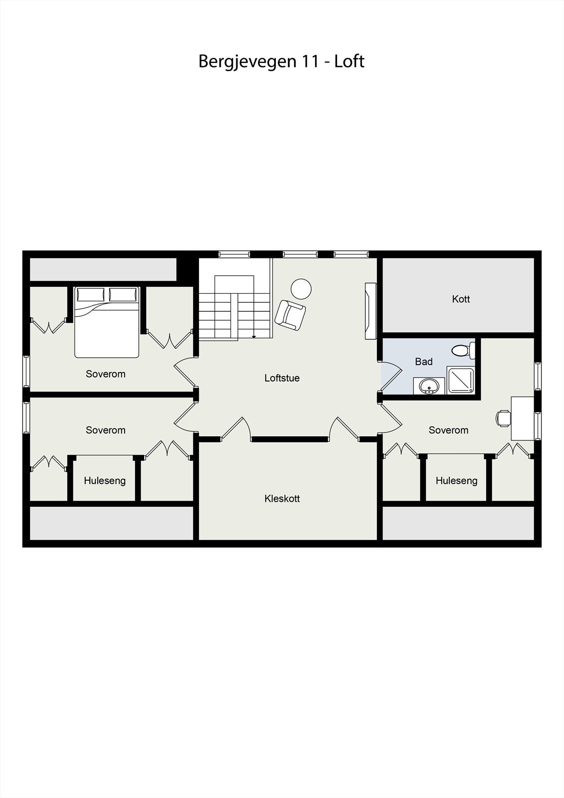 I andre etasje er det innredet stue, kott, kontor, bad og 2 soverom. Innredningen av denne etasjen er ikke byggemeldt og godkjent. Se punkt for ferdigattest for mer informasjon. Galleribilde