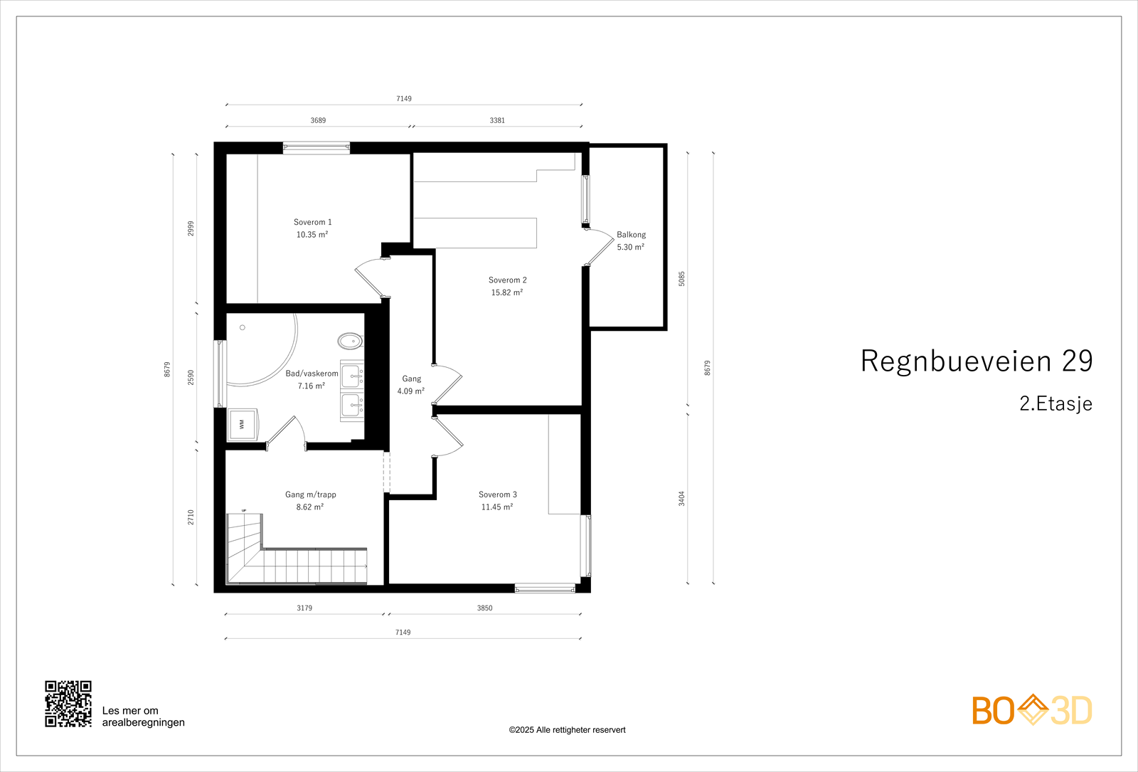 Andre etasje inneholder tre soverom, et romslig bad og utgang til balkong. Galleribilde