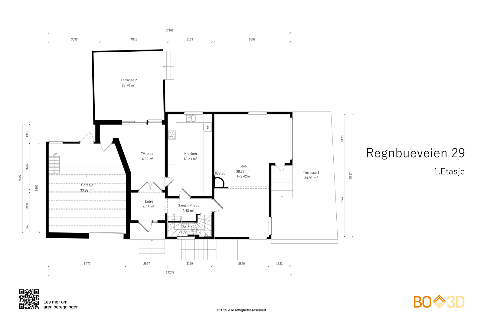 Plantegningen for første etasje viser en romslig planløsning med stue, kjøkken, TV-stue og garasje. Galleribilde
