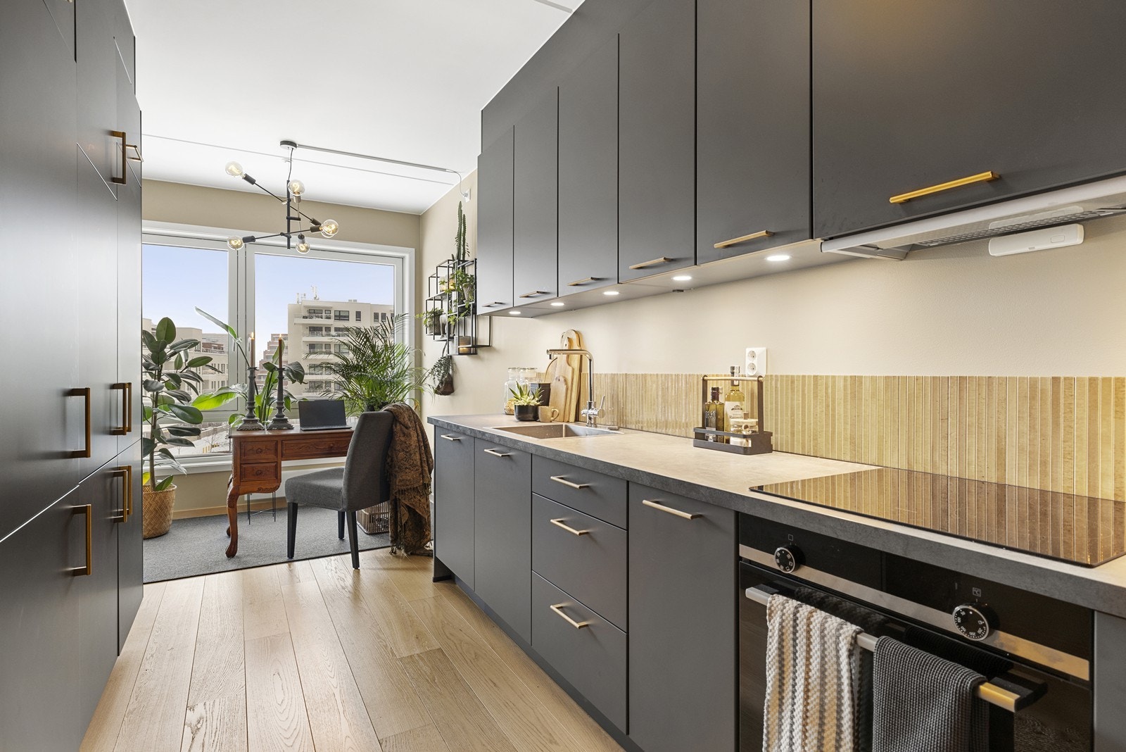 Detaljer som takhøye overskap og flislagt sprustone. Galleribilde