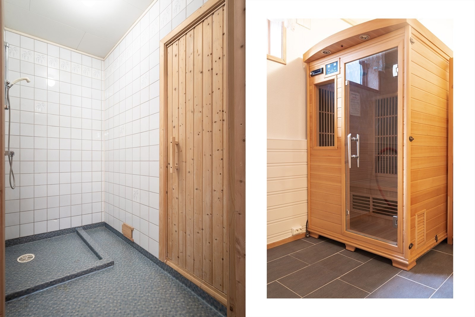 I underetasjen finner man også et dusjrom med vinylbelegg og tilhørende badstuerom (ingen ovn). Det står en badstue på hobbyrommet som ikke medfølger ved salg (bildet til høyre). Galleribilde